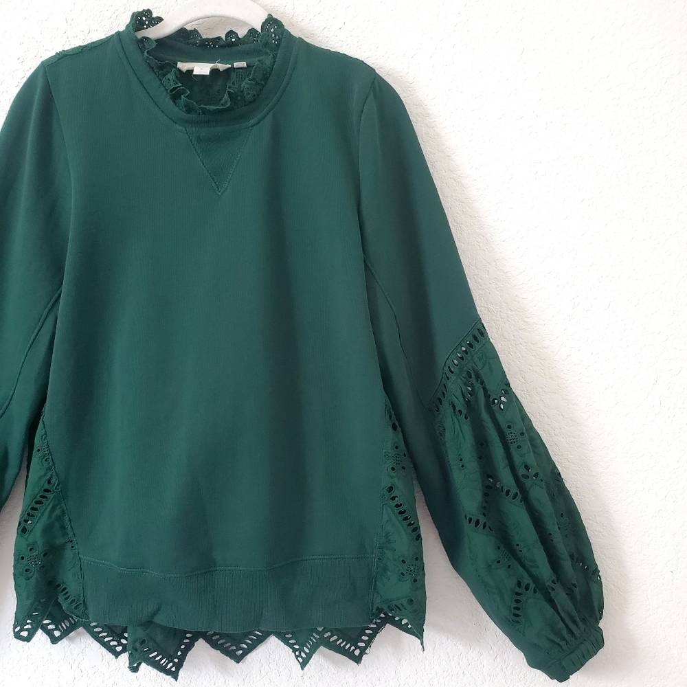 Anthropologie Forever That Girl Boho Green Lace Eyelet Sweatshirt Sweater S - Picture 16 of 16